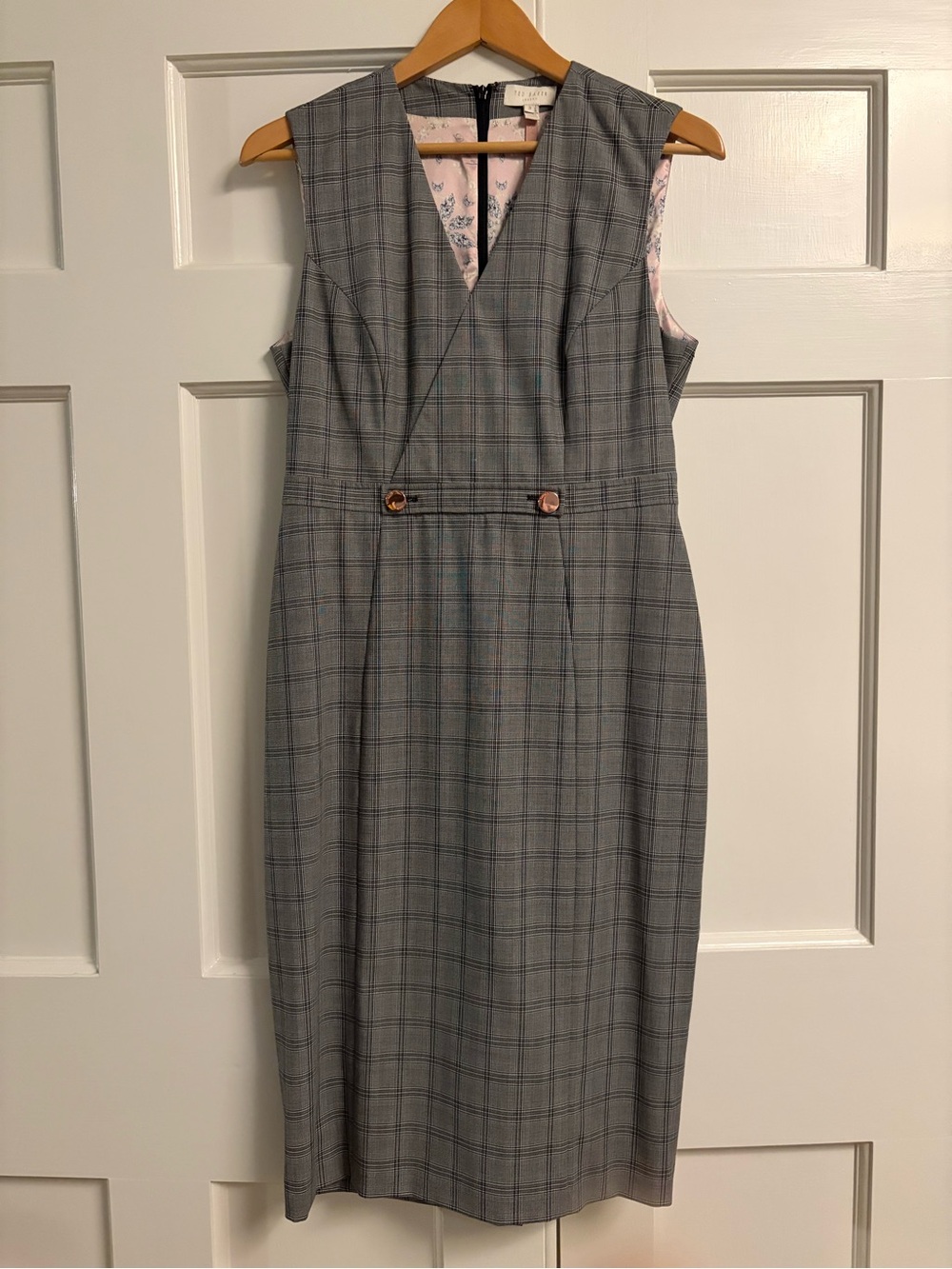Ted Baker RISTAD Plaid Sheath Dress Size 3 Gray Rose Gold Detail